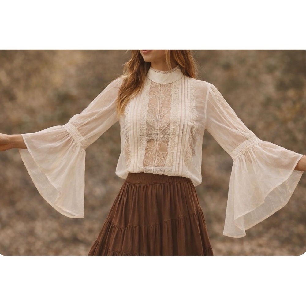 Chico's WHBM Sheer Cream Lace Pirate Blouse Boho Festival  Poetic Top S Cotton